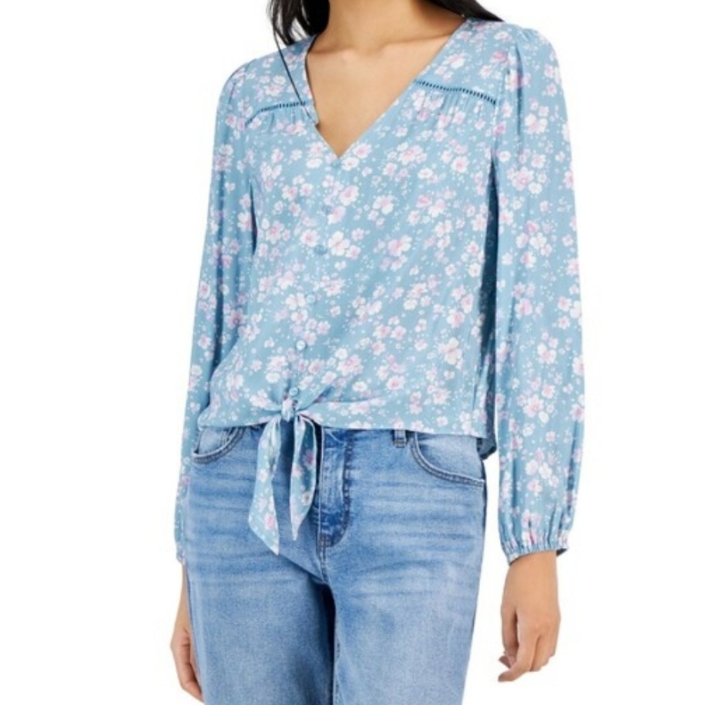 Hippie Rose Light Blue Floral Tie-Hem Blouse
